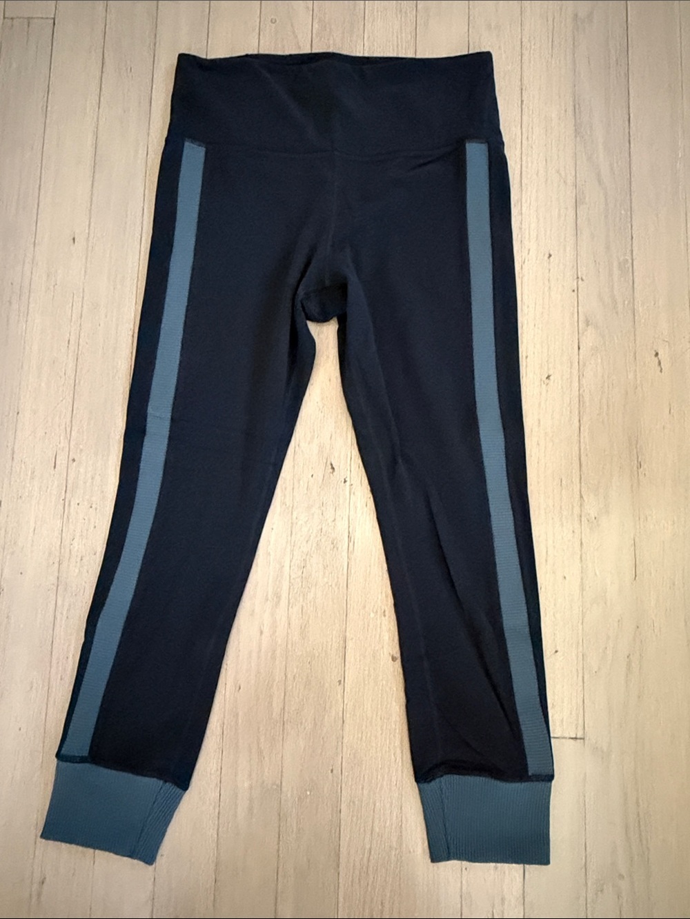 Athleta Navy Leggings with Slate Side Stripes
